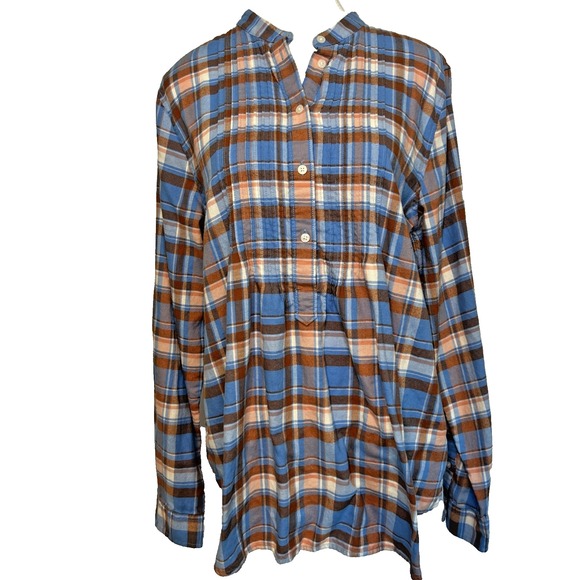 Lands' End Tops - Land's End Women's Flannel Tunic Top‎ 14 Blue Plaid Pintuck Loose Flowy Roll Tab